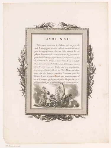 Omkaderde Franse tekst met olijftakken en een schilder achter een schildersezel by Jean-Baptiste Tilliard, print, 1785