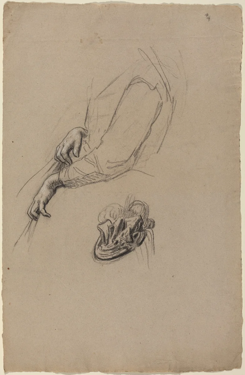 Young Woman's Hands and Beribboned Hat by French 19th Century, drawing, 1890-1899