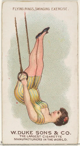 Flying Rings Swinging Exercise, from the Gymnastic Exercises series (N77) for Duke brand cigarettes by W. Duke, Sons & Co., print, 1887