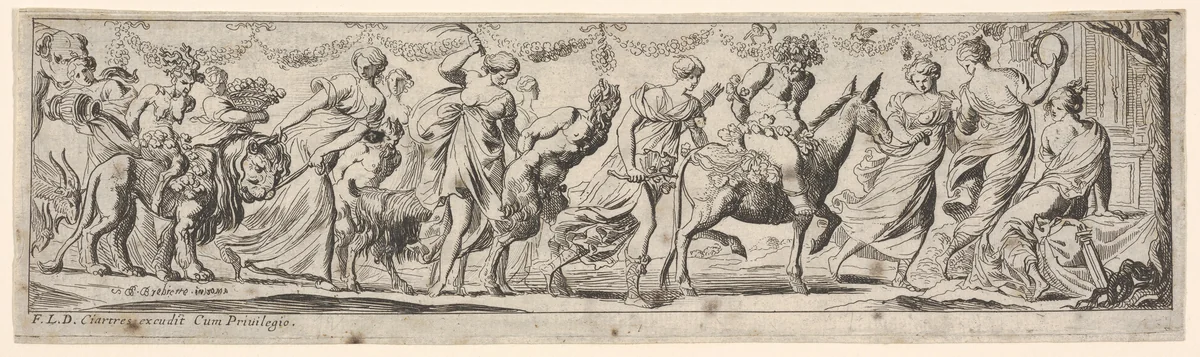 Procession of draped women leading captives and animals, at left Envy rides a lion, at right Silenus rides a donkey, from a series of twelve frieze-like designs showing bacchanals, sacrifices, and dances by Pierre Brebiette, print, 1617-1625