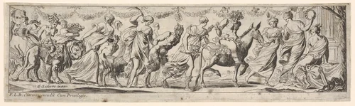 Procession of draped women leading captives and animals, at left Envy rides a lion, at right Silenus rides a donkey, from a series of twelve frieze-like designs showing bacchanals, sacrifices, and dances by Pierre Brebiette, print, 1617-1625