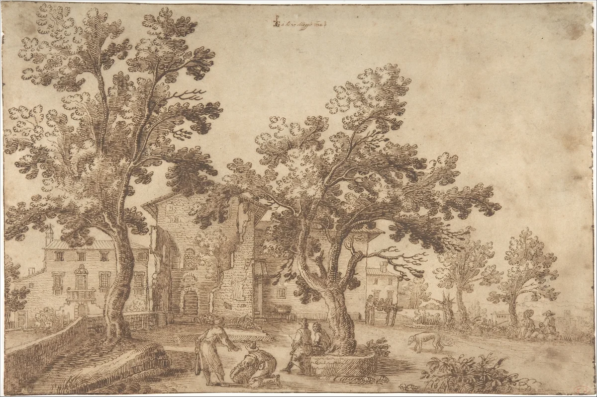 A View of a Village with Figures by Remigio Cantagallina, drawing, 1624