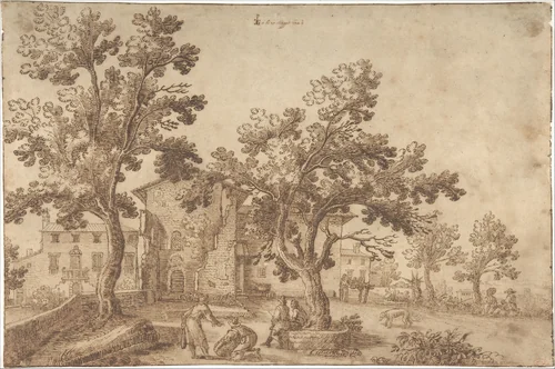 A View of a Village with Figures by Remigio Cantagallina, drawing, 1624