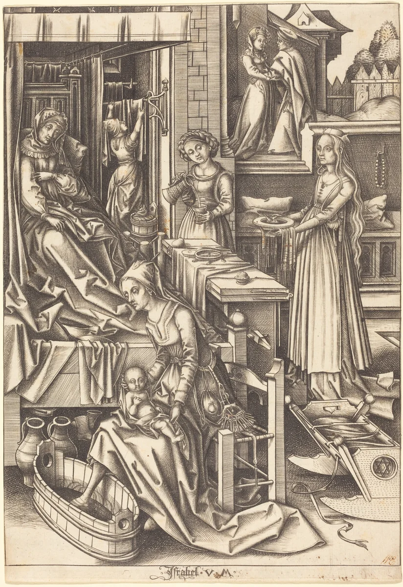 The Birth of the Virgin by Israhel van Meckenem; Hans Holbein the Elder, print, 1490-1500