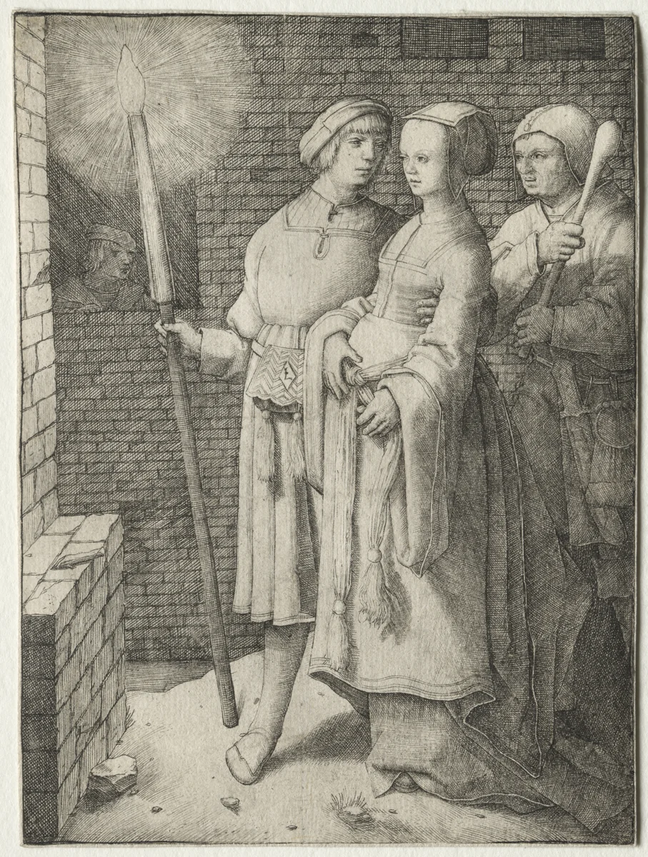 The Man with the Torch and a Woman Followed by a Fool by Lucas van Leyden, print, 1503-1513