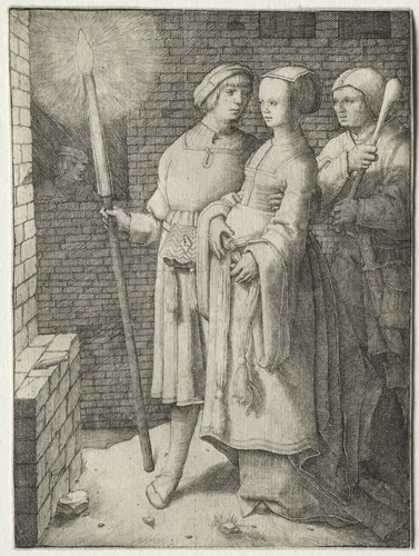 The Man with the Torch and a Woman Followed by a Fool by Lucas van Leyden, print, 1503-1513