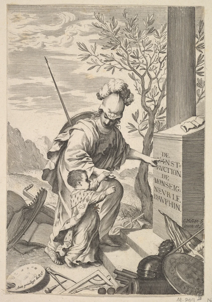 Minerva Instructs the Dauphin by Claude Mellan, print, 1640
