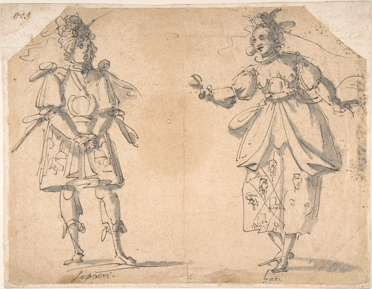 Drawings for Two Masquerade or Ballet Costumes ('Sospiri' and 'Baci') by Giovanni Battista Paggi, drawing, 1554-1627