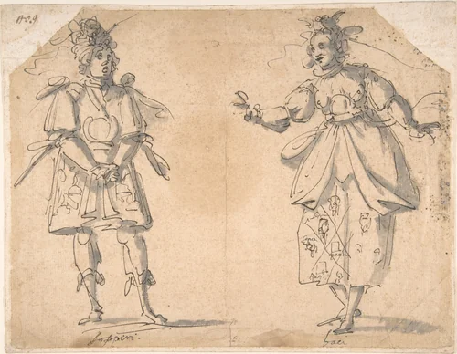 Drawings for Two Masquerade or Ballet Costumes ('Sospiri' and 'Baci') by Giovanni Battista Paggi, drawing, 1554-1627