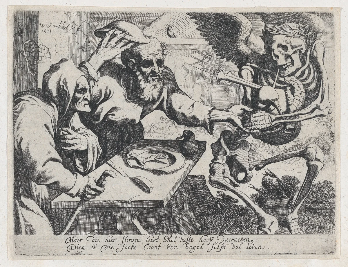 Old Couple and Death with Bagpipes by Werner van den Valckert, print, 1612