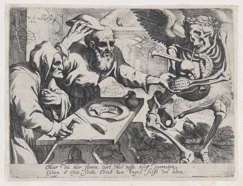 Old Couple and Death with Bagpipes by Werner van den Valckert, print, 1612
