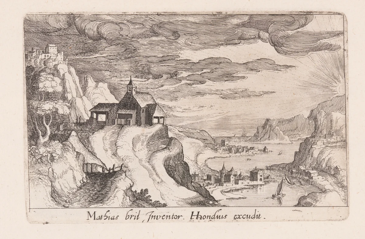 Landscape with a River Valley and a Church on a Hill, from Topographia Variarum Regionum by Simon Frisius, print, 1614