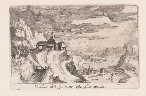 Landscape with a River Valley and a Church on a Hill, from Topographia Variarum Regionum by Simon Frisius, print, 1614