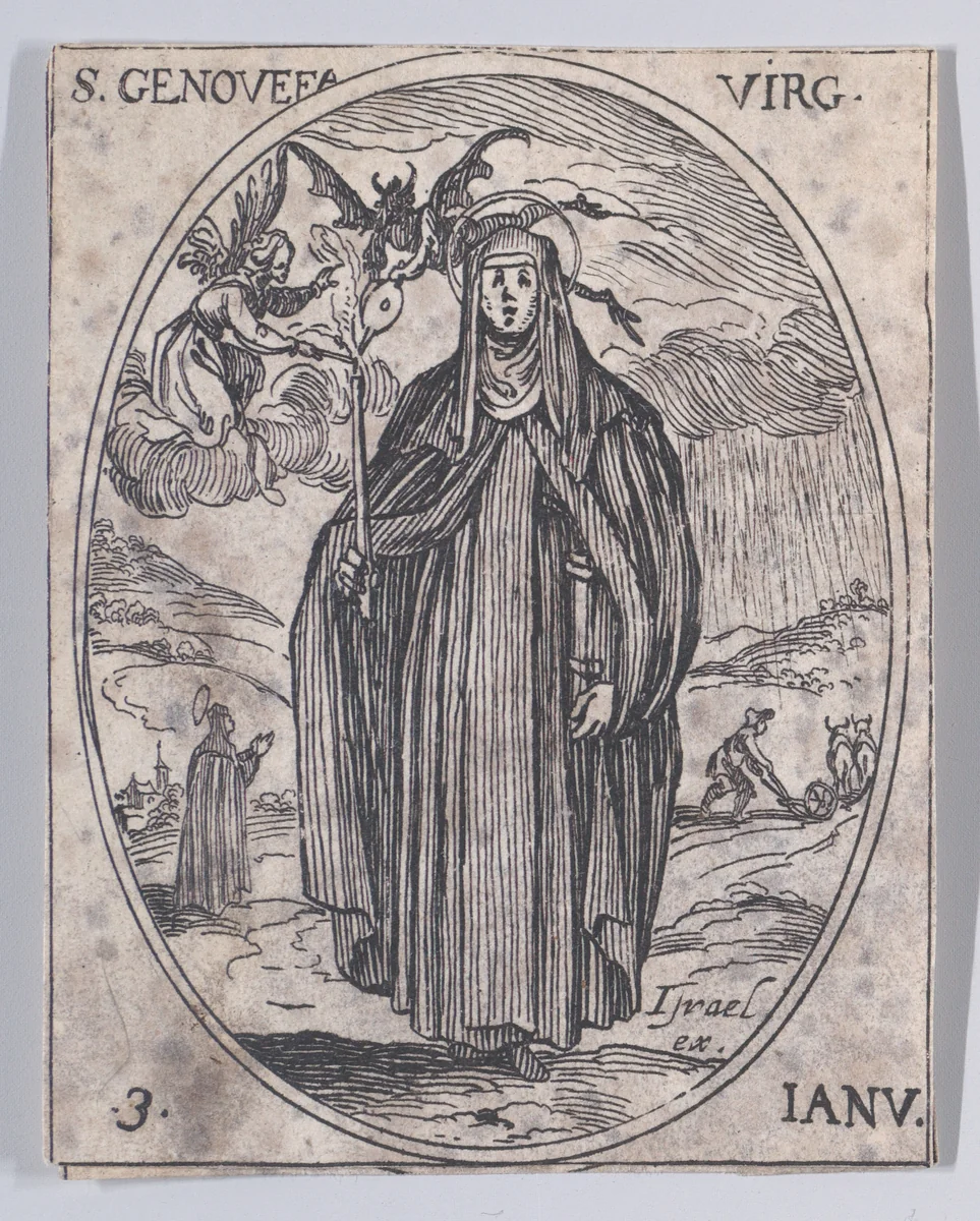Ste. Geneviève, vierge (St. Genevieve, Virgin), January 3rd, from "Les Images De Tous Les Saincts et Saintes de L'Année" (Images of All of the Saints and Feast Days of the Year) by Jacques Callot, print, 1636