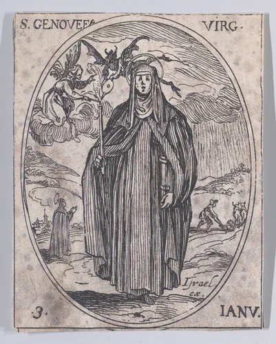 Ste. Geneviève, vierge (St. Genevieve, Virgin), January 3rd, from "Les Images De Tous Les Saincts et Saintes de L'Année" (Images of All of the Saints and Feast Days of the Year) by Jacques Callot, print, 1636