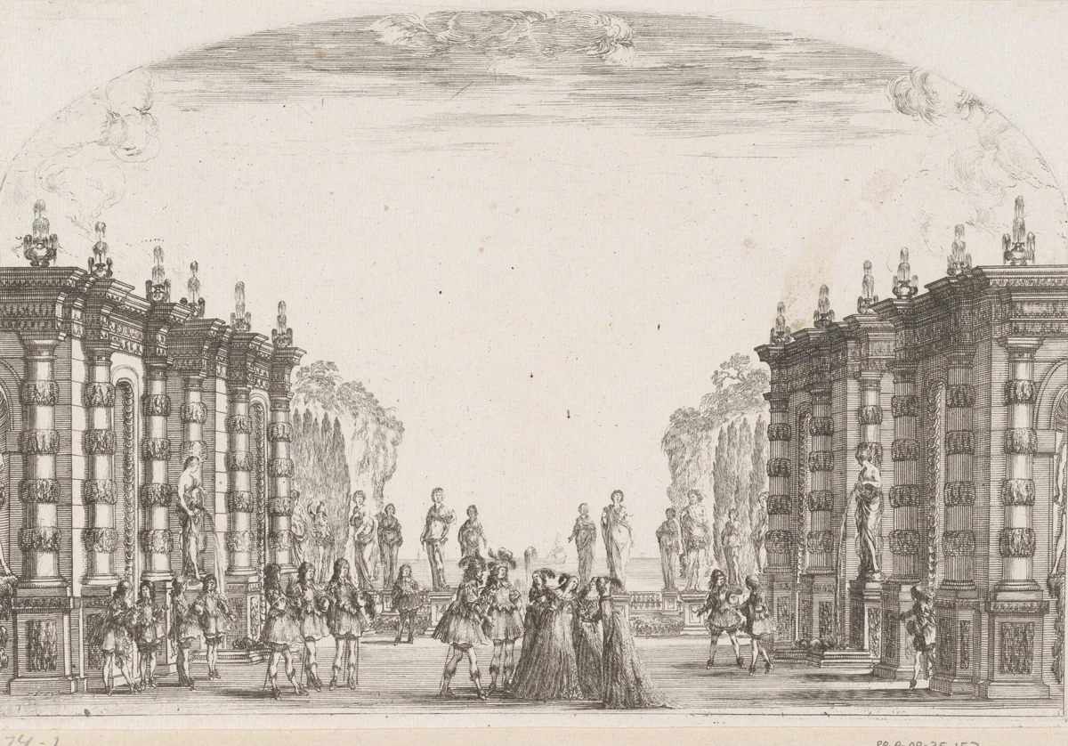 Vijfde acte van 'Mirame' met zeventien personen by Stefano della Bella, print, 1641