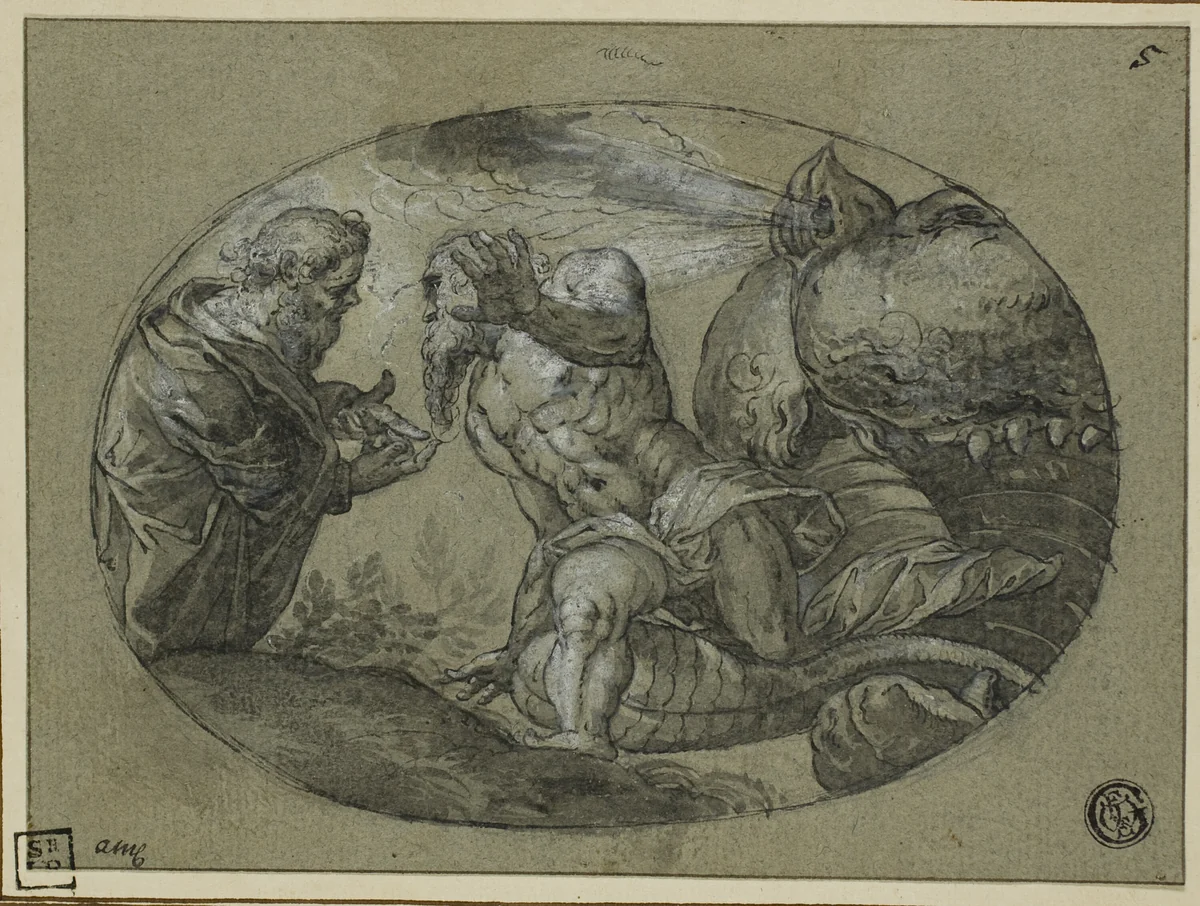 Jonah Cast Up by the Whale by Jacopo Robusti, drawing, 1600-1699
