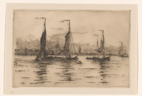Gezicht op Dordrecht bij avond by Carel Nicolaas Storm van 's-Gravesande, print, 1889-1902