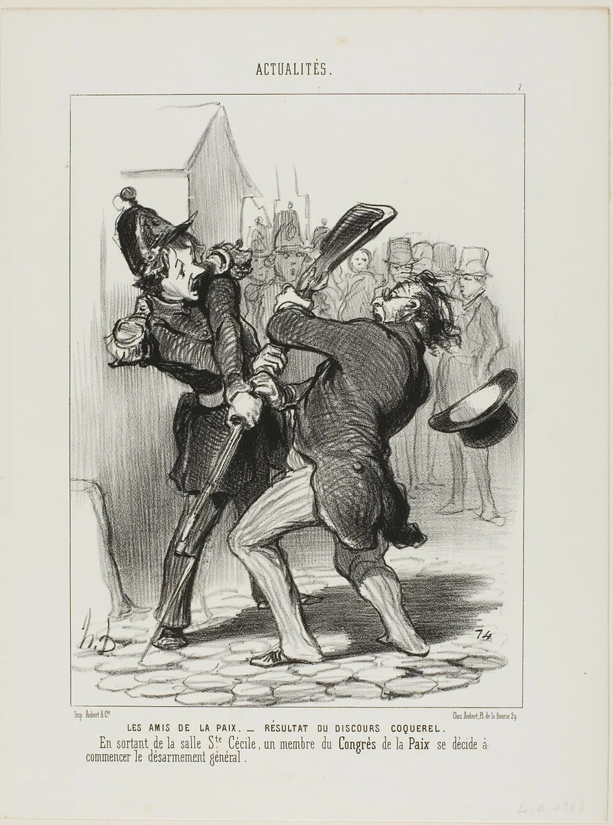 The Friends of Peace - Result of a Speech By Coquerel. On leaving the ward of Saint Cécilia, a member of the peace congress decided to start general disarmament, plate 7 from Actualités by Honoré-Victorin Daumier, print, 1849
