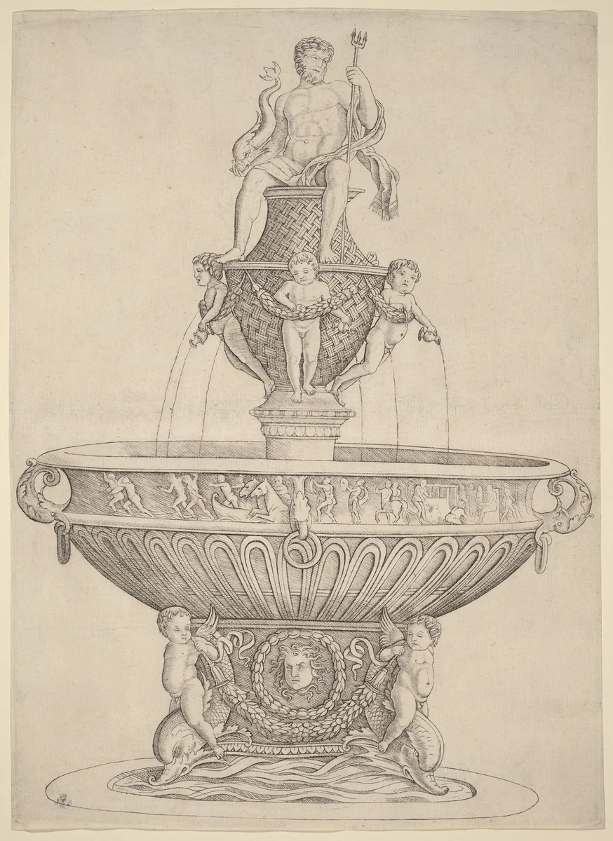 Fountain with Statue of Neptune by Andrea Zoan, print, 1480-1485