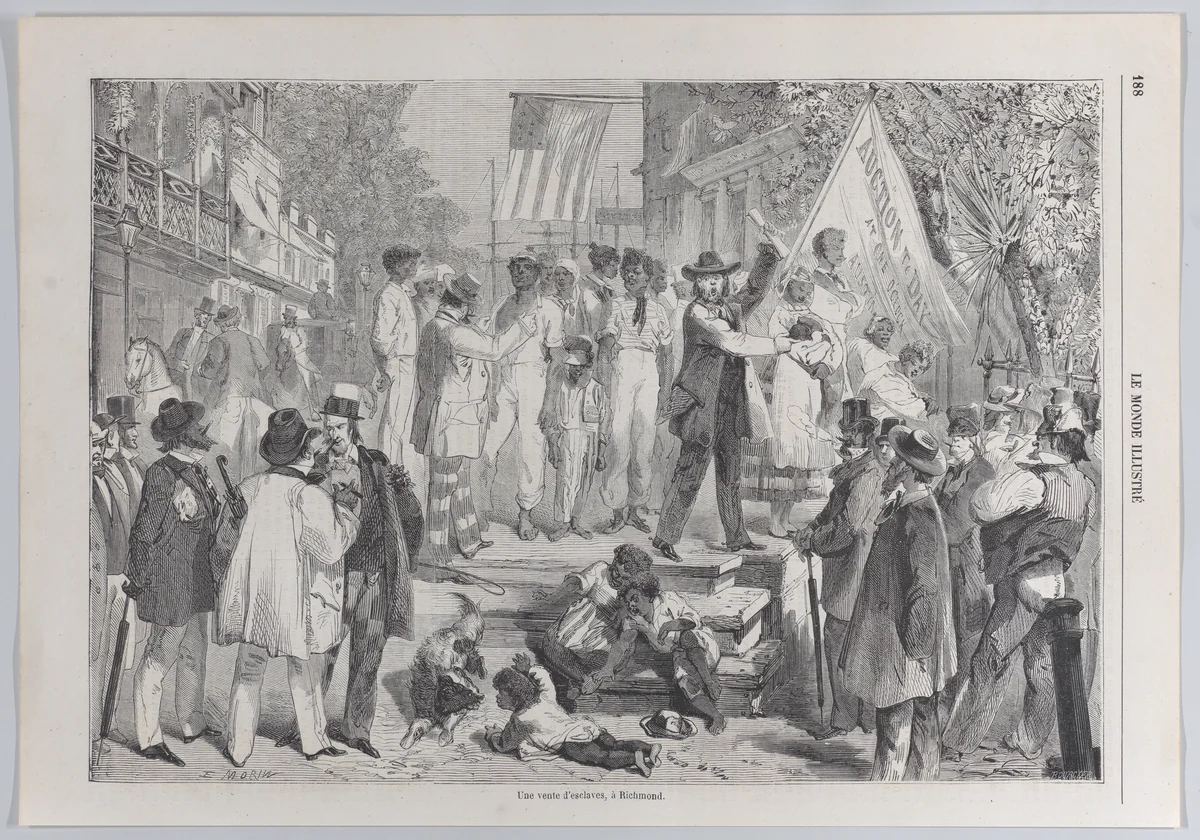 An Auction of Enslaved People in Richmond, from "Le Monde Illustré" by Bourcier, print, 1861