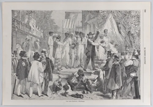 An Auction of Enslaved People in Richmond, from "Le Monde Illustré" by Bourcier, print, 1861