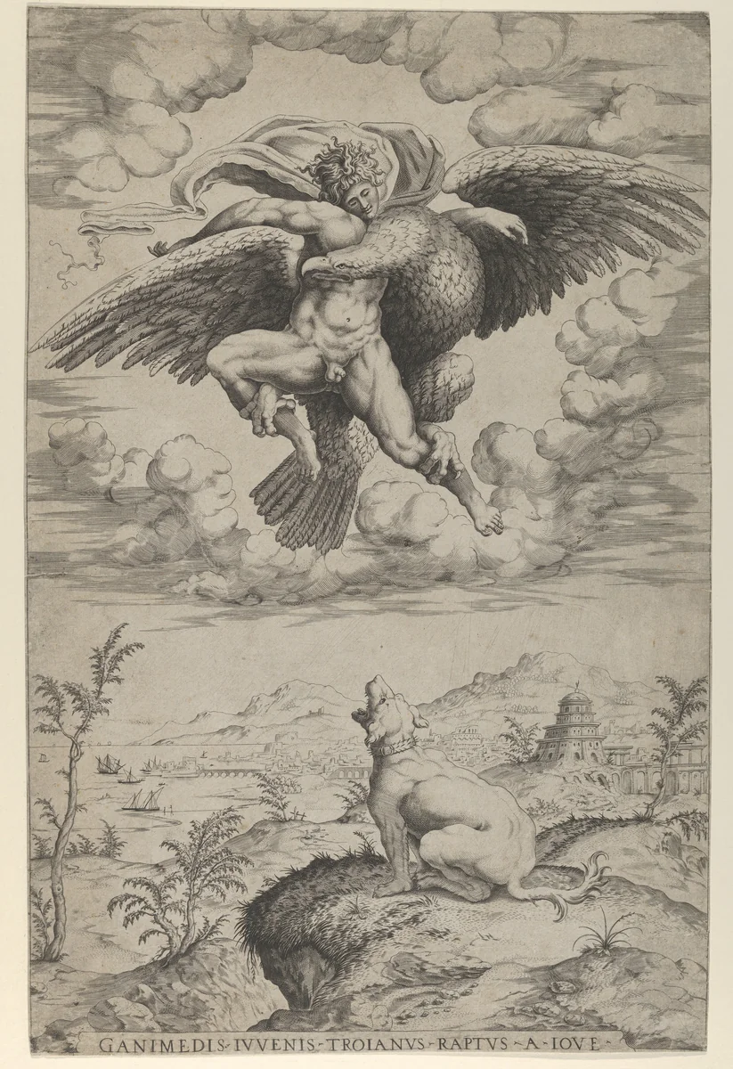 The Rape of Ganymede by Jupiter in the guise of an eagle carrying him into the heavens, his dog barking below by Nicolas Beatrizet, print, 1542