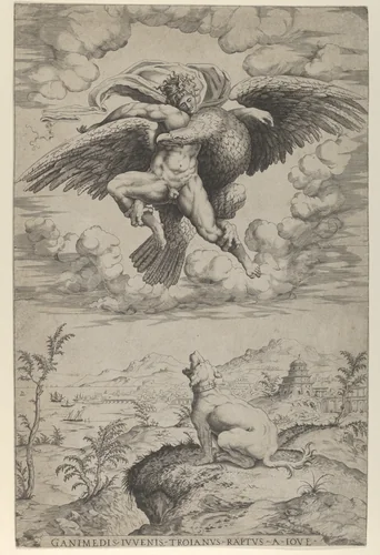 The Rape of Ganymede by Jupiter in the guise of an eagle carrying him into the heavens, his dog barking below by Nicolas Beatrizet, print, 1542