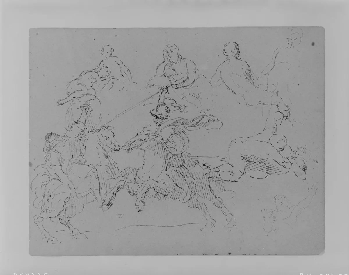 Various Figure Sketches, Including Two Battling Equestrains, Two Wrestlers (from Sketchbook) by Thomas Sully, artwork, 1810-1820