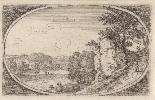 Landschap met wandelaars op een steil pad by Herman van Swanevelt, print, 1650-1655