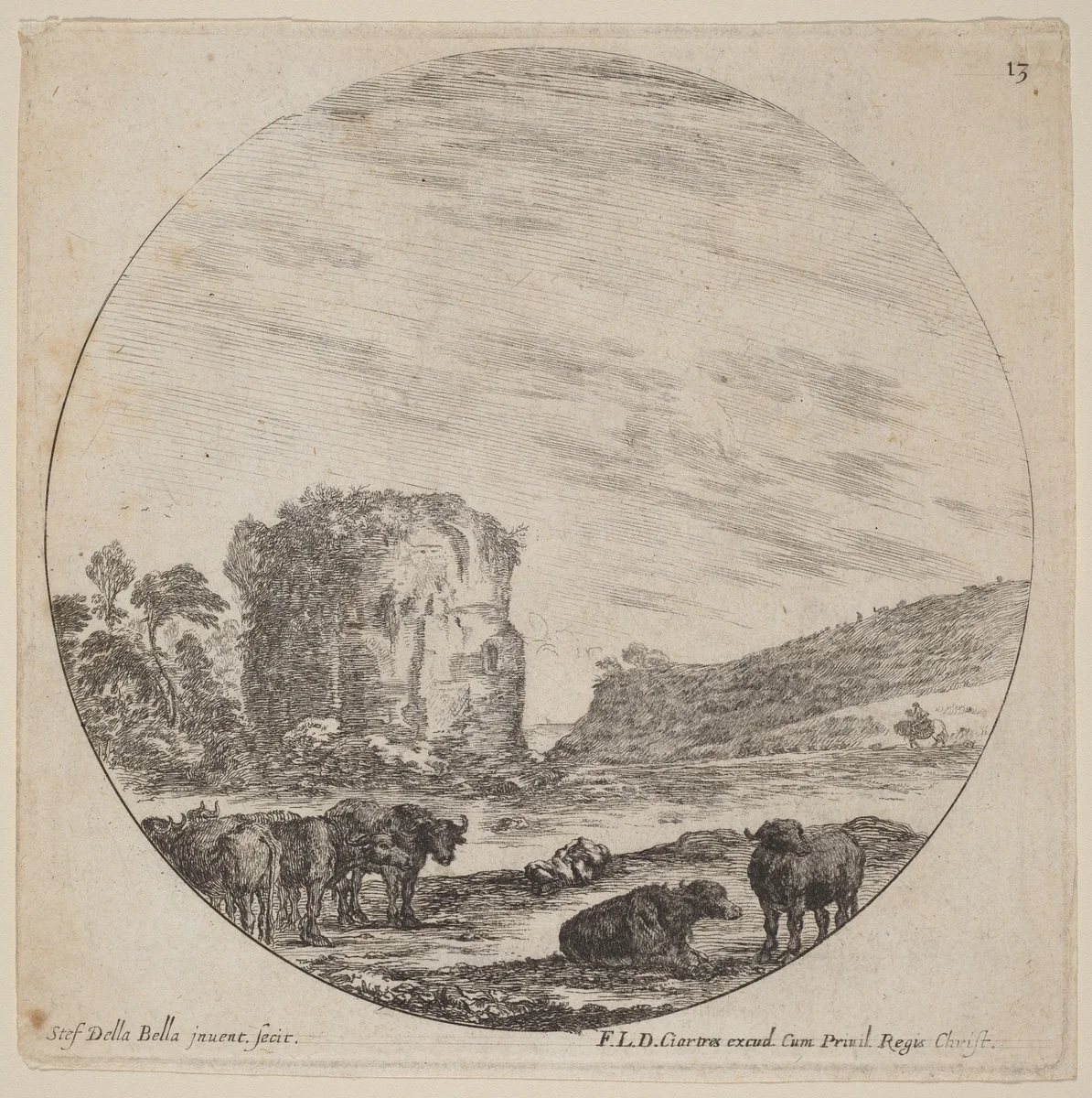 Landscape with Antique Ruins by Stefano della Bella, print, 1646