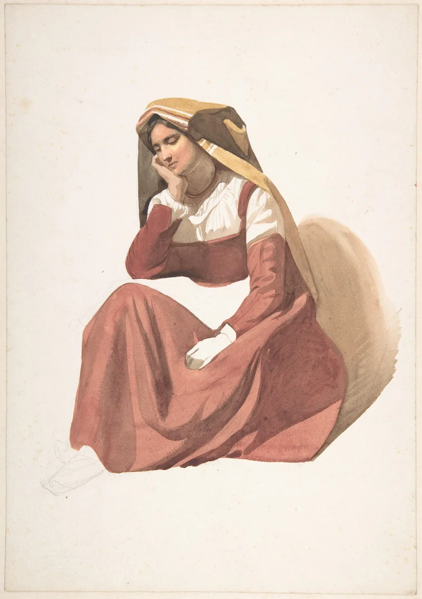 Seated Italian Peasant Woman by Pierre Louis Dubourcq, drawing, 1830-1873