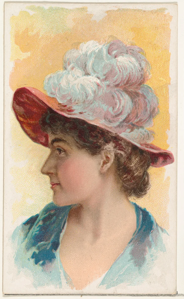 Actress wearing pink brimmed hat with white feathers, from Stars of the Stage, First Series (N129) issued by W. Duke, Sons & Co. to promote Honest Long Cut Tobacco by W. Duke, Sons & Co., print, 1890