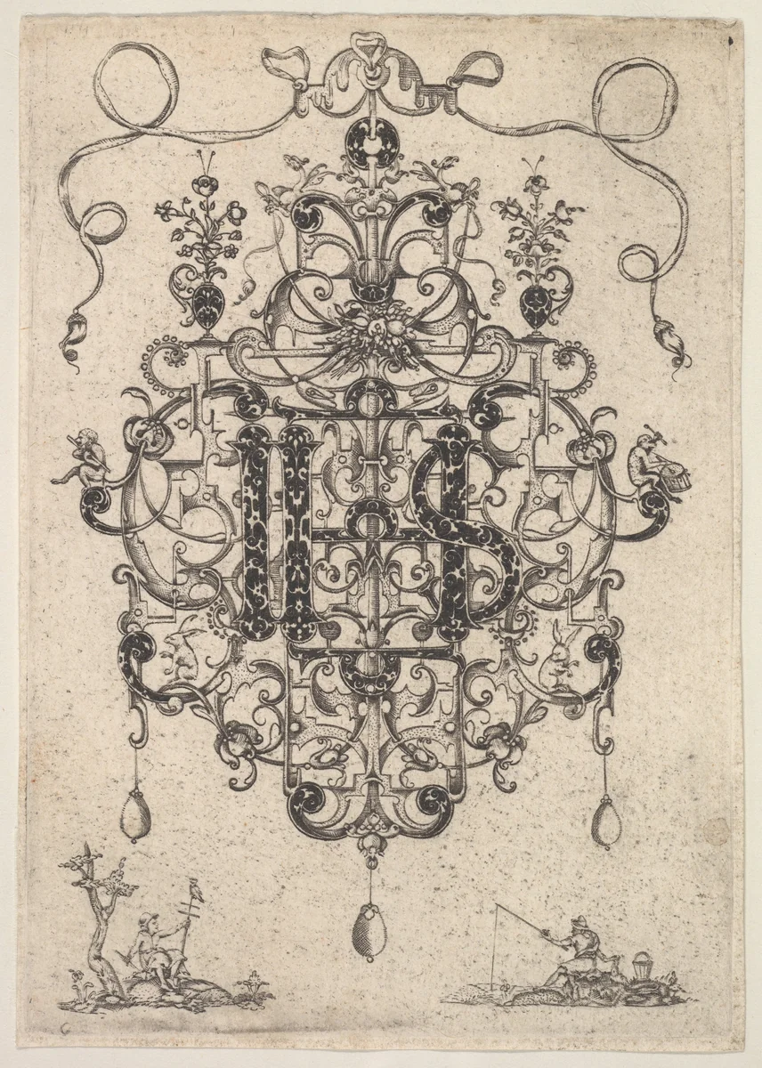 Design for a Pendant with IHS Monogram by Master P.R.K, print, 1609