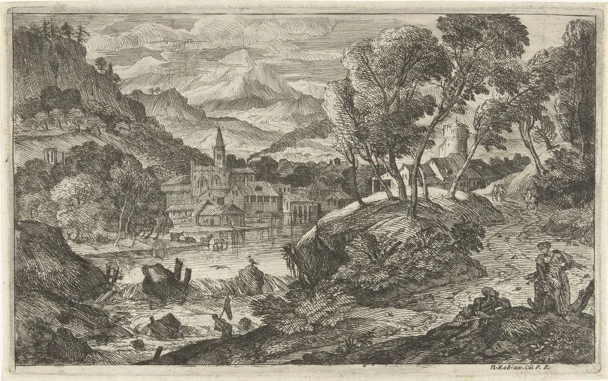 Landschap met waterval en dorp by Adriaen van der Kabel, print, 1648-1705