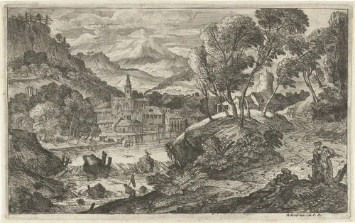 Landschap met waterval en dorp by Adriaen van der Kabel, print, 1648-1705