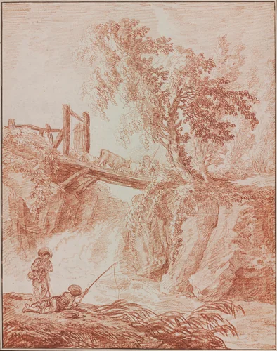 Herdsmen Crossing a Waterfall by Hubert Robert, drawing, 1770-1775