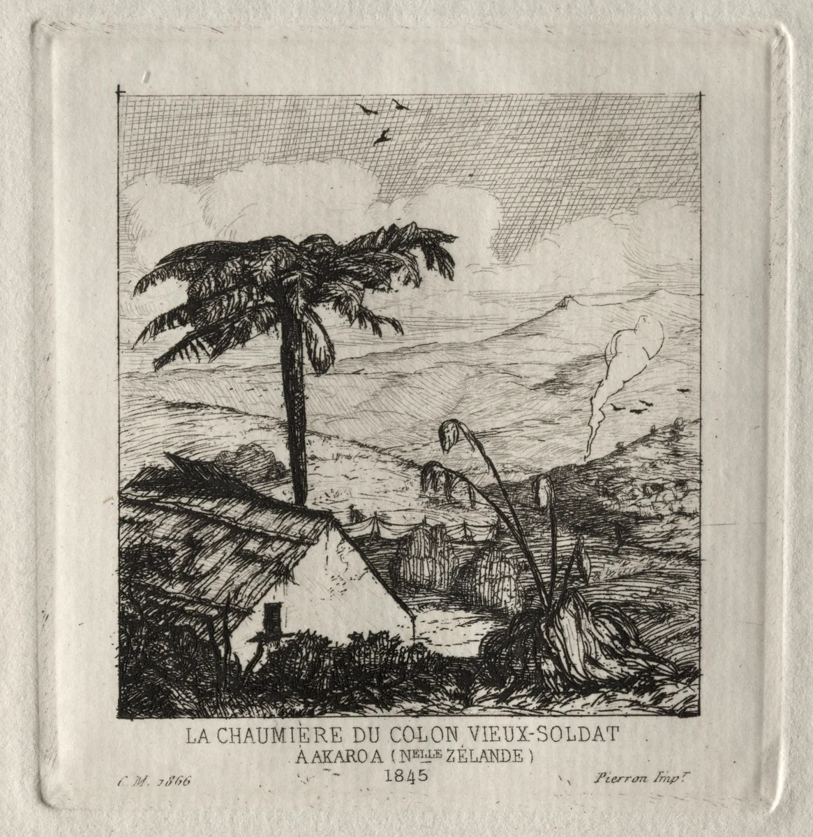 The Old-soldier Settler's Hut at Akaroa, 1845 by Charles Meryon, print, 1866