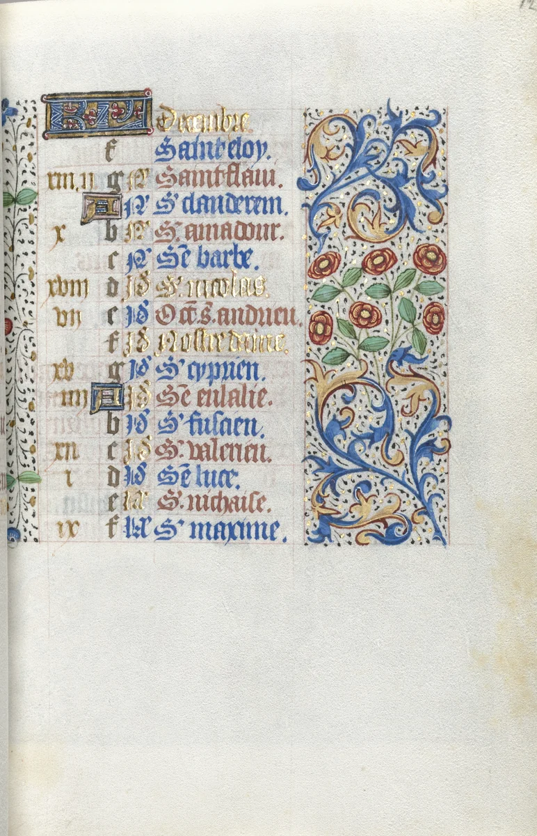 Book of Hours (Use of Rouen): fol. 12r, Calendar Page for December by Master of the Geneva Latini, book, 1465-1475