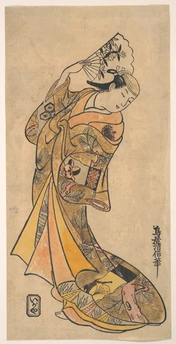 The Actor, Nakamura Shichisaburo II, 1703–1774 as a Woman with Fan by Torii Kiyomasu II (鳥居 清倍), print, 1706-1763