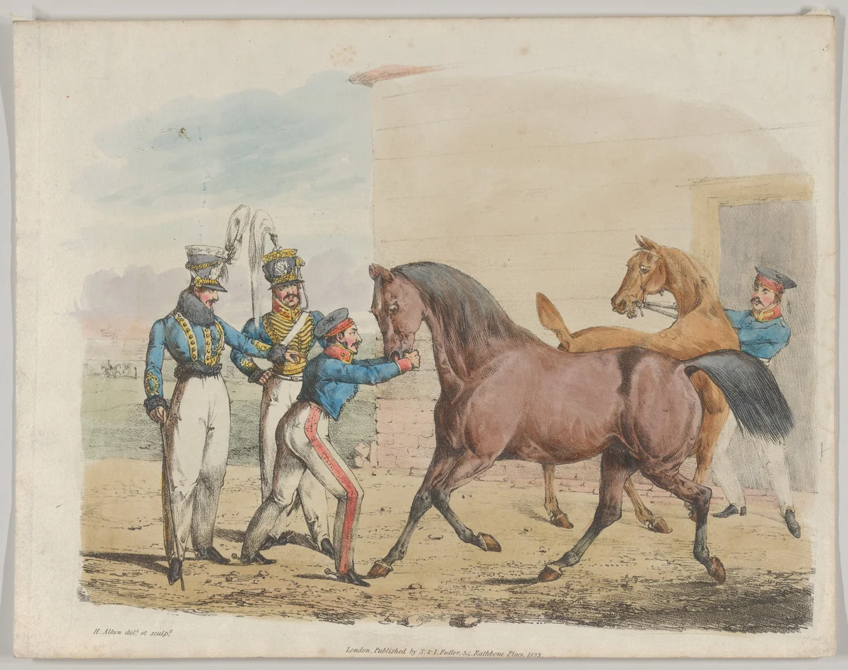 Two Soldiers of a Cavalry Unit, with Horses and Grooms by Henry Thomas Alken, print, 1823