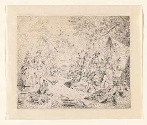Een militair kampement met soldaten en vrouwen by Jean Baptiste François Pater, print, 1720-1725