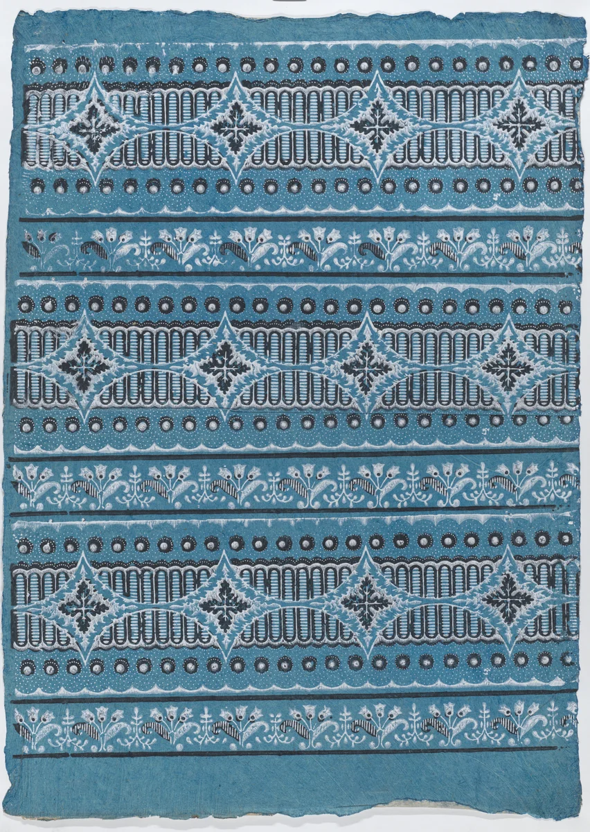 Sheet with four borders with a floral, dot, and stripe pattern by anonymous, print, 1775-1875