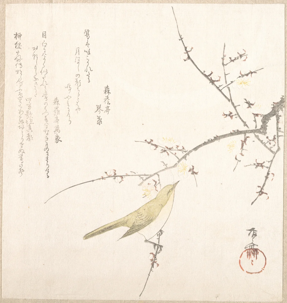 New Moon; Nightingale on a Plum Branch by Ryūryūkyo Shinsai (柳々居辰斎), print, 1800-1899