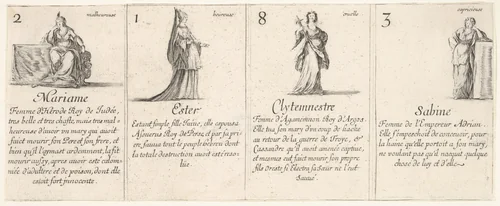 Mariame, Ester, Clytemnestre, and Sabine, from "The Game of Queens" (Le Jeu des Reines Renommées) by Stefano della Bella, print, 1644