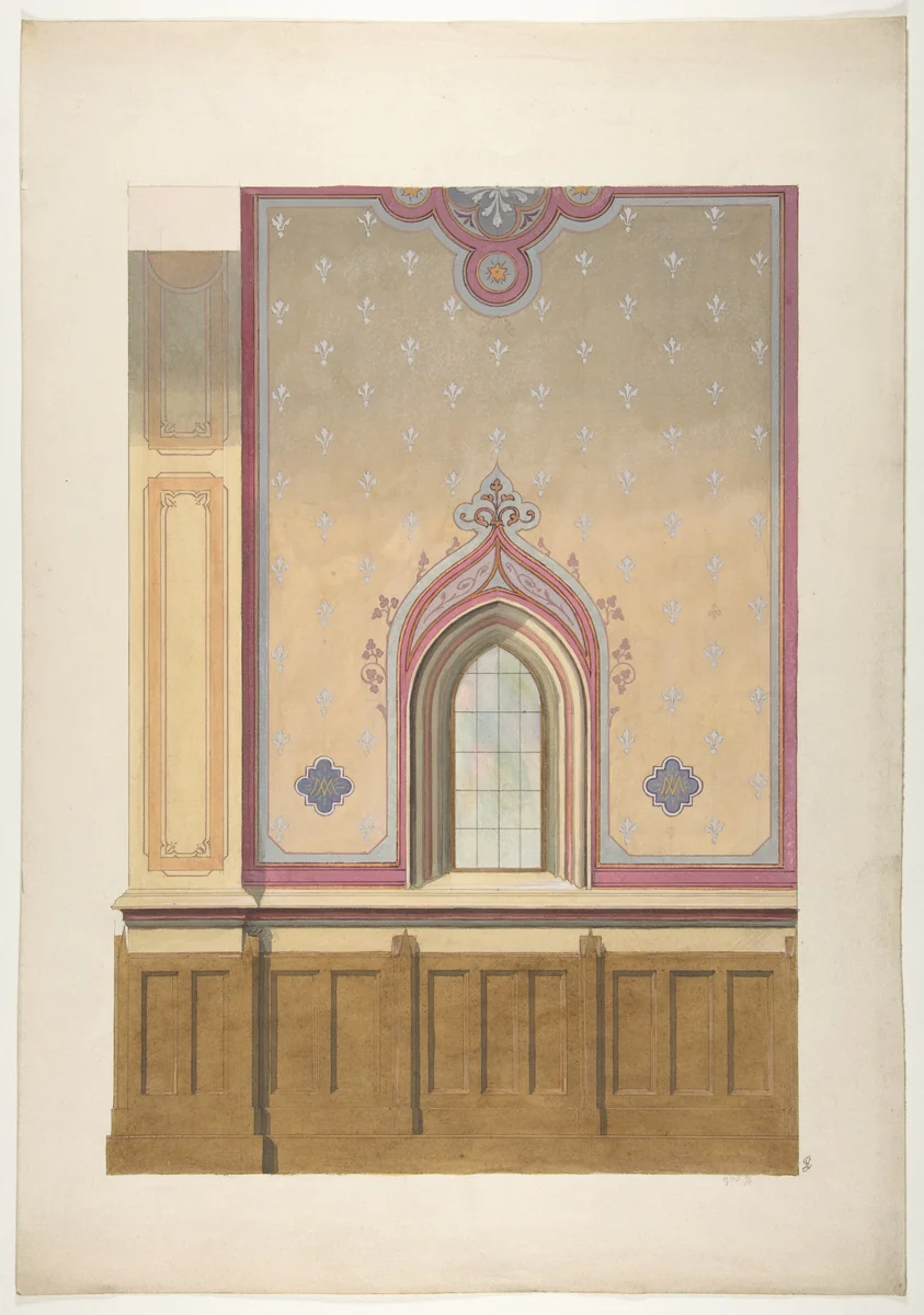 Design for the painted decoration of a wall pierced by an arched window by Jules-Edmond-Charles Lachaise, drawing, 1850-1900