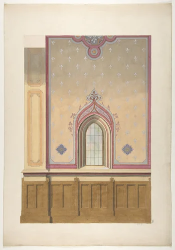 Design for the painted decoration of a wall pierced by an arched window by Jules-Edmond-Charles Lachaise, drawing, 1850-1900