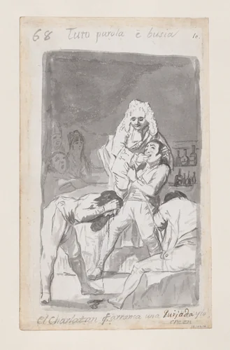 A charlatan extracting a tooth from a patient's mouth, figure in the foreground vomiting; folio 68 (verso) from the Madrid Album "B" by Goya, drawing, 1796-1798