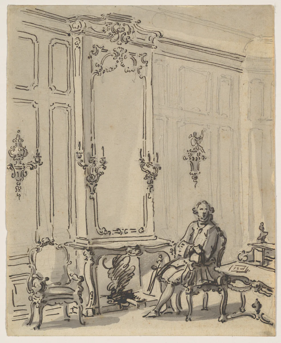 A Venetian Interior, with a Young Man Seated by the Fire by Canaletto, drawing, 1717-1768