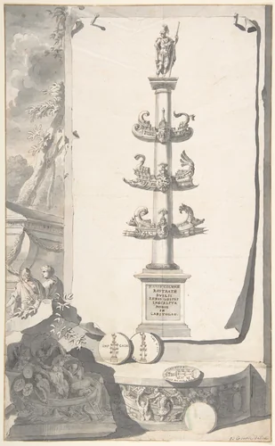 A Reconstruction of the Base of the Column Rostrata by Jan Goeree, drawing, 1690-1704